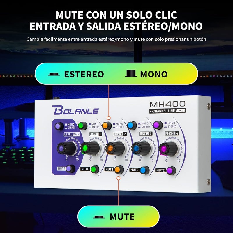 Bolanle Mini Audio Mixer,Stereo Line Mixer for Sub-Mixing,Ultra Low-Noise,4-Channel,Microphone Independent Control, 1/4" & 1/8" TRS Output and Input, for Guitars,Bass,Keyboards (MH400) - Image 2